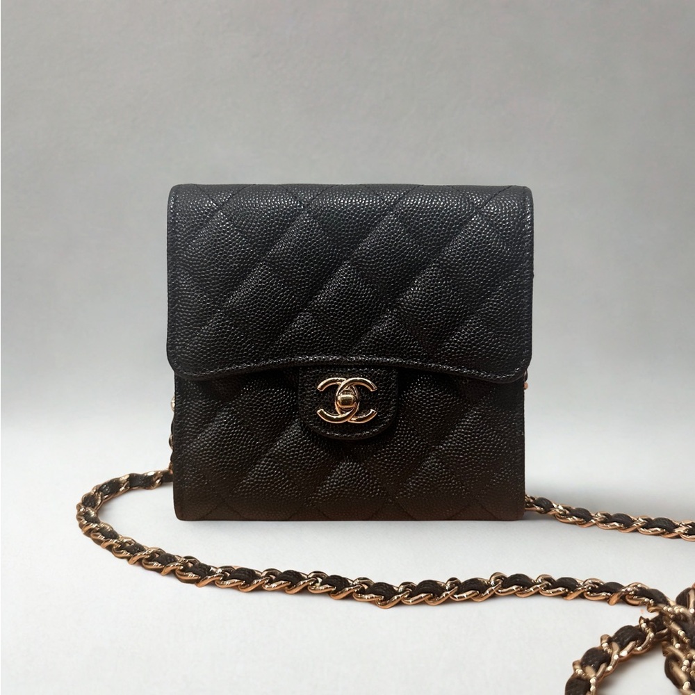 Chanel Mini Square Wallet on Chain – Black Caviar, Made in France-NEW!